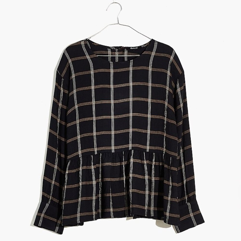 Madewell Button-Back Peplum Top in Plaid black size Small LK NW